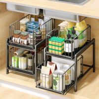Kitchen Under Sink Shelf Under Sink Storage Cupboard Under Sink Organizer with Drawers for Kitchen Bathroom 29 x 38 x 49 cm (Black)