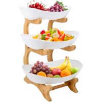 3-Tier Fruit Stand, Ceramic Fruit Basket with Sturdy Wooden Stand, Serving Trays for Cakes, Fruits, Desserts, Fruit Cup Decoration - 14 x 22.5 x 32 cm - White