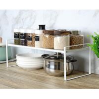 Expandable Kitchen Shelf Cupboard Organizers, Storage Shelf for Kitchen Cupboard/Bathroom/Countertops/Utensils, 36-60 x 21 x 18 cm (Black) (2 Pieces)