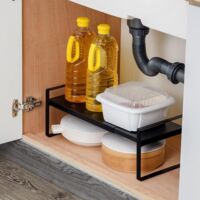 Expandable Kitchen Shelf Cupboard Organizers, Storage Shelf for Kitchen Cupboard/Bathroom/Countertops/Utensils, 36-60 x 21 x 18 cm (Black) (2 Pieces)