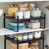 Expandable Kitchen Shelf Cupboard Organizers, Storage Shelf for Kitchen Cupboard/Bathroom/Countertops/Utensils, 36-60 x 21 x 18 cm (Black) (2 Pieces)
