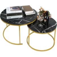 Marble Effect Coffee Table, Side Table for Living Room, Diameter 70 + 50 cm, Large Round, MDF, for Living Room, Bedroom, Balcony-70 x 70 x 45 cm (Burnt Wood + Black Legs)