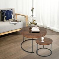 Marble Effect Coffee Table, Side Table for Living Room, Diameter 70 + 50 cm, Large Round, MDF, for Living Room, Bedroom, Balcony-70 x 70 x 45 cm (Burnt Wood + Black Legs)