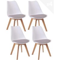 Ensemble de 4 chaises de design scandinave pour cuisine, salle à manger ou chambre - Assise large en plastique souple - Assise avec coussin rembourré en similicuir - Pieds en hêtre clair du Laos (blan
