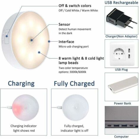 LED Night Light with Indoor Motion Sensor, USB Rechargeable LED Lamp ...