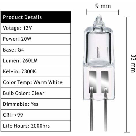 G4 Halogen Bulbs, G4 12V 20W Halogen Pin Base Lamp, 2800K Warm White ...