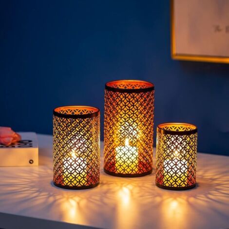 Black Tealight Candle Holder - Set of 3 Metal Lanterns, Moroccan ...