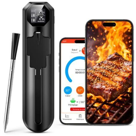Thermomètre Cuisine Sans Fil, Thermometre Cuisson avec App et Double Capteur, 150m Bluetooth Thermomètres à Viande Type-C Charge Thermomètre Culinaire pour BBQ, Grill, Fumoir, Four, Sous Vide