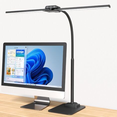 Lampe de Bureau LED avec Métal Base: Double Tête, Grande Lampe Bureau design, réglage intensité, lumiere bureau protection des yeux pour ecran pc, dessin, deux bureaux, puzzle - Noir