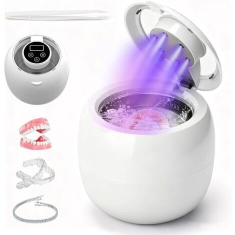 Nettoyeur Ultrasons, Ultrasonic Cleaner 45KHZ avec 6 Lampes UV, Batterie intégrée, 4 Réglages de Minuterie, 210ML Dental Pod pour Prothèses Dentaires