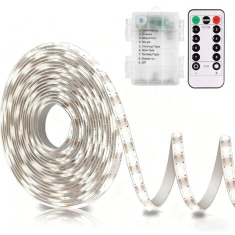 Bande LED à piles avec télécommande, lumière blanche, 8 modes, intensité réglable, minuterie, autocollante, sécable, étanche, 3 m (9,8 pi).