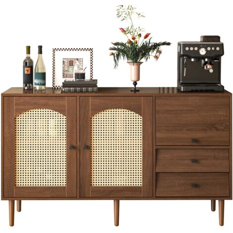 Buffet style campagnard 130 x 75,5 x 40 cm - avec portes en rotin - fermeture magnétique, étagères réglables, construction robuste - Marron (1/5)