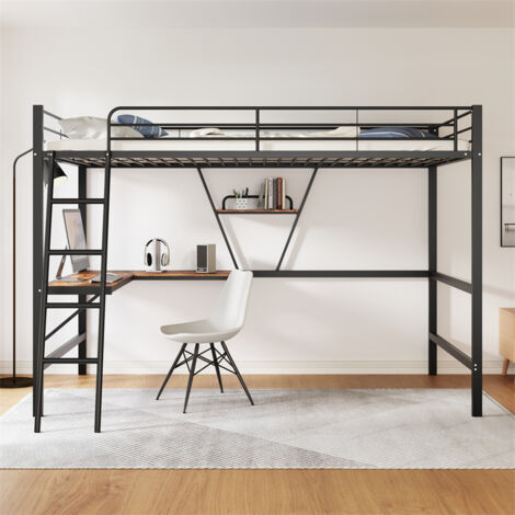 Lit mezzanine 90x200cm, lit enfant en métal avec échelle, bureau en forme de L et 1 étagère, noir (1/5)