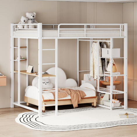 Lit mezzanine 140x200cm - Lit enfant en métal avec échelle, table avec cintres simples et compartiments de rangement - blanc (1/5)