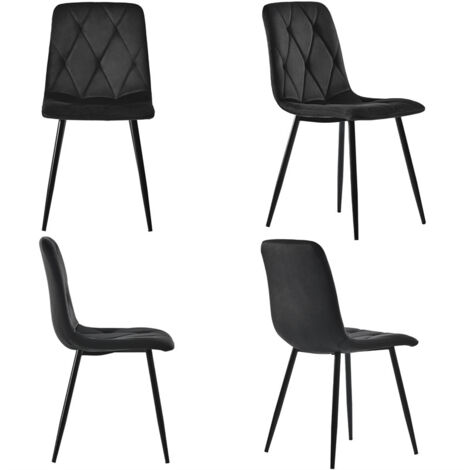 Lot de 4 chaises de salle à manger, chaise rembourré en twill de lin, avec dossier, cadre métallique, pieds en métal, noir (1/5)