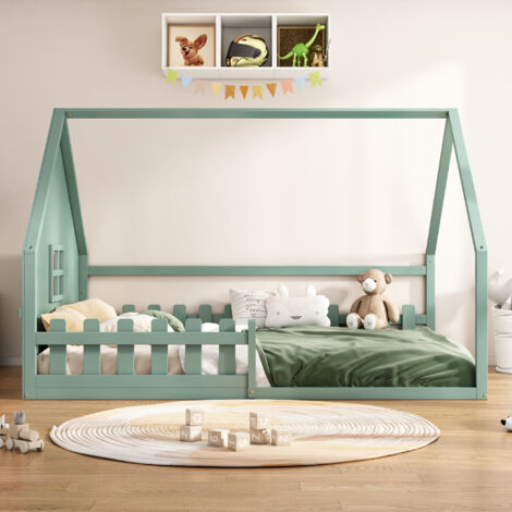 Lit cabane 140x200cm, lit plat d'enfant avec barre de maison, sommier à lattes, pin, vert (1/5)