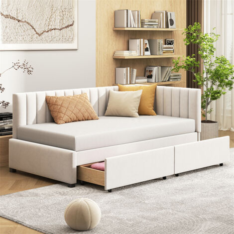Lit simple d'enfant 90x200cm avec 2 grands tiroirs, lit en velours avec sommier à lattes et 2 barrière de lit, beige (1/5)