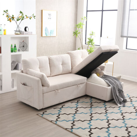 Canapé 3-4 places, canapé convertible multifonction, canapé modulable en L, 206x130x66-88cm, en velours beige (1/5)