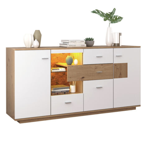 Buffet LED 160x40x77cm, armoire avec 2 portes, 4 tiroirs, étagère en verre, aspect bois meuble de salon armoire polyvalente - blanc (1/5)