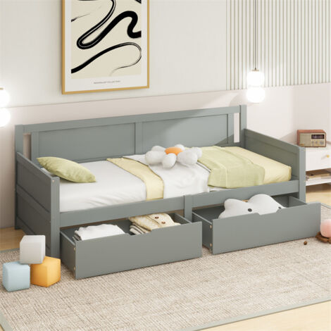 Lit simple 90x200cm avec 2 tiroirs, structure en bois massif, avec sommier à lattes, gris (1/5)