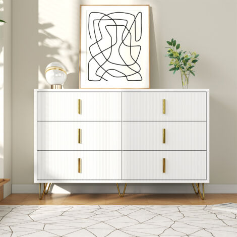 Commode à 6 tiroirs 120x77x40cm - Armoire égant au design moderne, espaces de rangement, poignées dorées - Blanc (1/5)