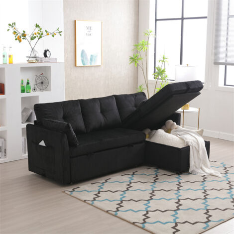 Canapé 3-4 places, canapé convertible multifonction, canapé modulable en L, 206x130x66-88cm, en velours noir (1/5)
