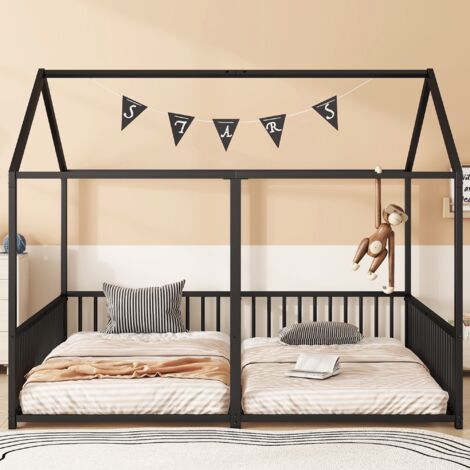 Lit enfant double 90 x 20 cm, 2 places - forme maison, structure métallique, barrière de sécurité - Noir (1/5)