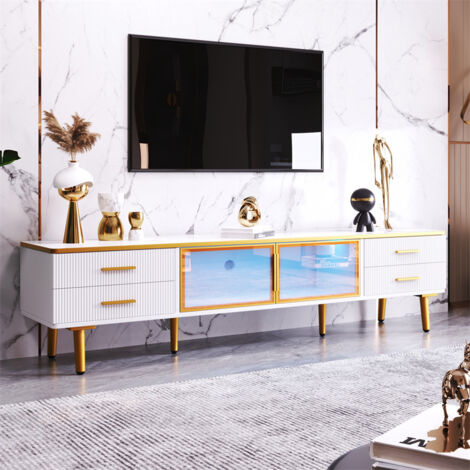 Meuble TV 170x37x47, 5cm, aspect marbre, avec 4 tiroirs structurés avec poignées dorées et 2 portes en verre trempé marron, Blanc + Doré (1/5)