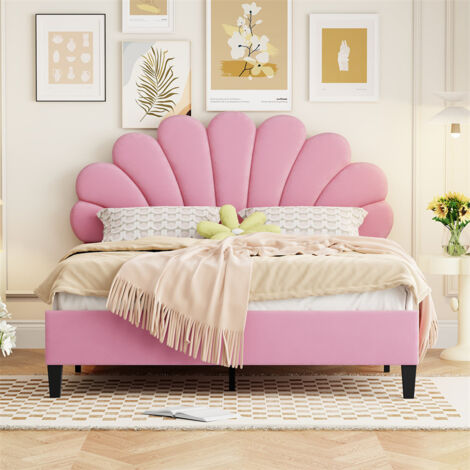 Lit double capitonné 140x200cm - Tête de lit en forme de fleur, Sommier à lattes en MDF, Tissu en velours Style scandinave - Rose (1/5)