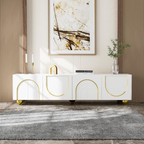 Meuble TV 170 cm - style minimaliste moderne, avec 4 portes, étagères réglables, décoration ligne dorée, pieds dorés - Blanc (1/5)