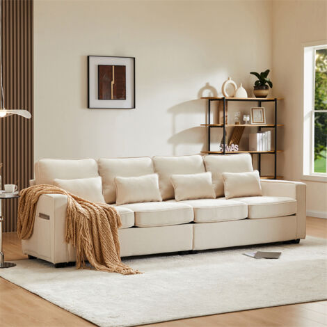Canapé 4 places, 264x83x87cm, tissu lin, avec poches d'accoudoir et 4 coussins, style simple, pour le salon, beige (1/5)