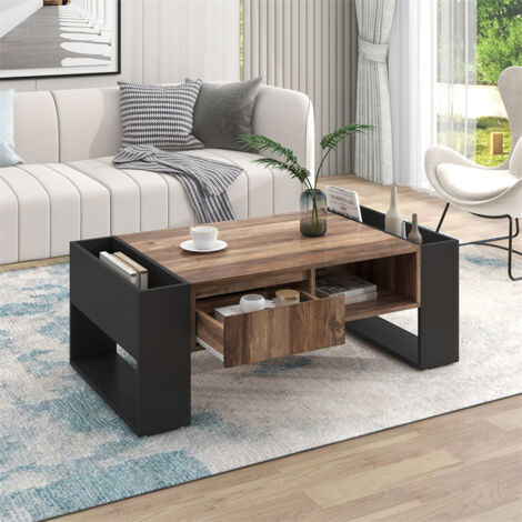Table basse en bois veiné, 106.4x40x60cm, avec 1 tiroir et des compartiments de rangement, Noir+ Gris (1/5)
