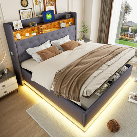 Lit coffre 180x200cm - lit double LED avec sommier à lattes et tête de lit rangement avec port charge - lin gris (1/5)