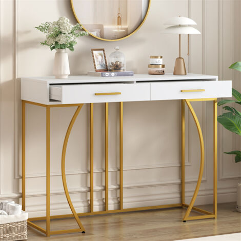 Table console, table d'entrée avec 2 tiroirs, table d'appoint légère de style luxe, table de salon, 120x38x76 cm, blanc/or (1/5)