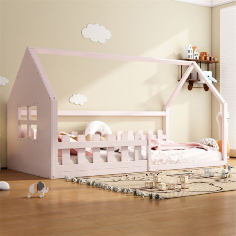 Lit cabane 90x200cm, lit plat d'enfant avec barre de maison, sommier à lattes, pin, rose (1/5)