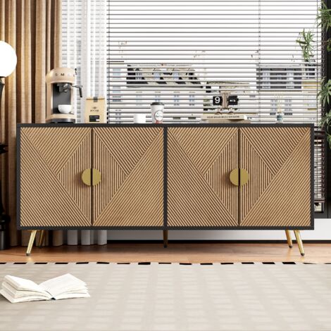 Buffet 160x40x75cm - Armoire avec 4 portes, poignées dorées brossées et pieds de table brillants - noir + grain de bois (1/5)