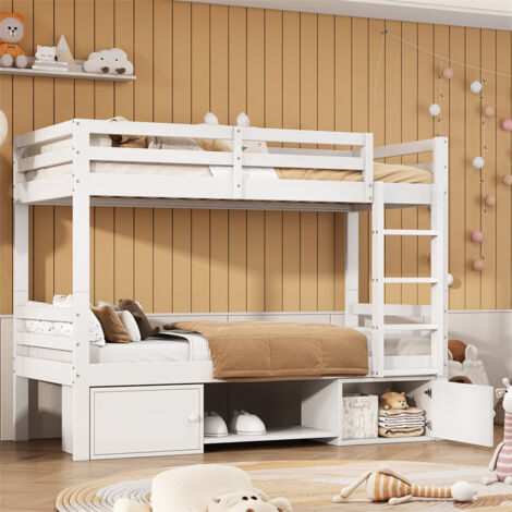 Lit superposé 90x200cm pour enfants, lit d'enfant avec étagères à chaussures et 2 casiers, lit divisé en 2 lits simples, blanc (1/5)