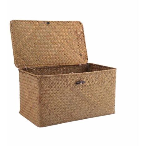 Handwoven Straw Storage Basket with Lid, Makeup Organizer Box, Laundry Baskets, Seagrass Rattan (M)
