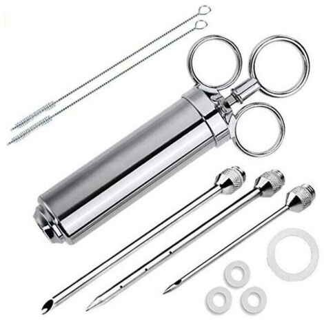 Seringue à marinade en acier inoxydable de 60 ml avec 3 aiguilles à rôtir, injecteur alimentaire pour injecter de la confiture de saumure de sauce barbecue dans du bœuf grillé, de la dinde, du poulet