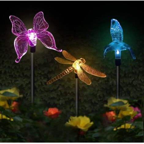 Lot de 3 lampes solaires de jardin en forme de papillon, colibri, libellule, LED à énergie solaire, multicolore