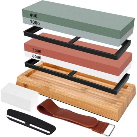 Sharpening Stone, Flattening Stone, 400/1000 3000/8000 Grit Double-Sided Sharpening Stone with Non-Slip Bamboo Base, Non-Slip Silicone Support, Angle Guide