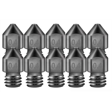 10 MK8 extruder nozzles for 3D printers. High-temperature hardened steel nozzles, 0.4 mm diameter, compatible with Makerbot, Creality CR-10, Ender 3, Prusa i3