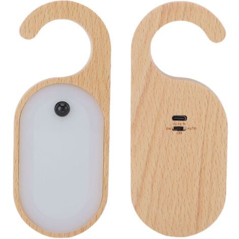 Portable door lamp with motion detector and integrated memo board, rechargeable warm white LED night light in wood, ideal for bedroom and bathroom. (1/4)