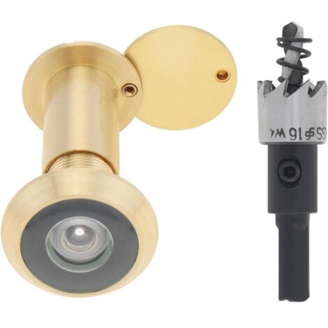 Door Peephole, Brass, 200-degree opening with 16mm drill bit, 16mm pipe diameter for doors 35 to 55mm thick (gold)