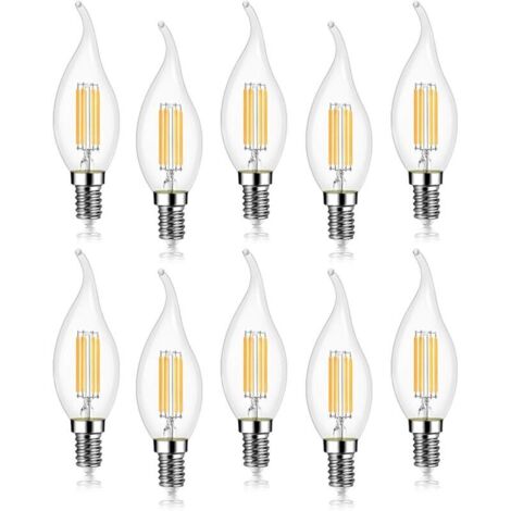 Pack of 10 4W E14 LED Filament Bulbs, 470LM Candle Flame, Cool White 6000K, Non-Dimmable, 360° Beam Angle