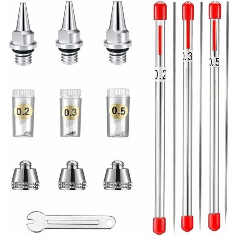 Nozzle cap, needle and nozzle for AB130 airbrush, 0.2 mm, 0.3 mm, 0.5 mm. Airbrush replacement parts.