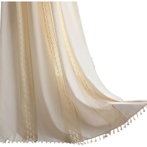 Short beige bistro curtain with tassels, opaque cotton-linen blend, country style, 1 piece