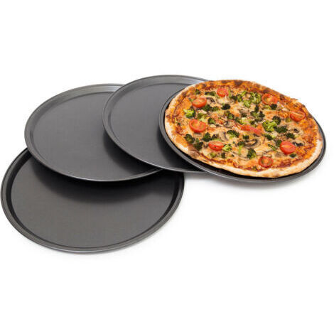 Relaxdays Set of 4 Pizza Pans, 4 Pizza Trays, 33cm Diameter, Non-Stick, Oven Safe, Carbon Steel, Anthracite (1/4)