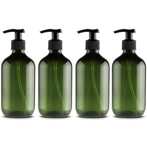 Set of 4 plastic pump bottles for pet lotion, shampoo, shower gel, hand cream, 500 ml, green and brown