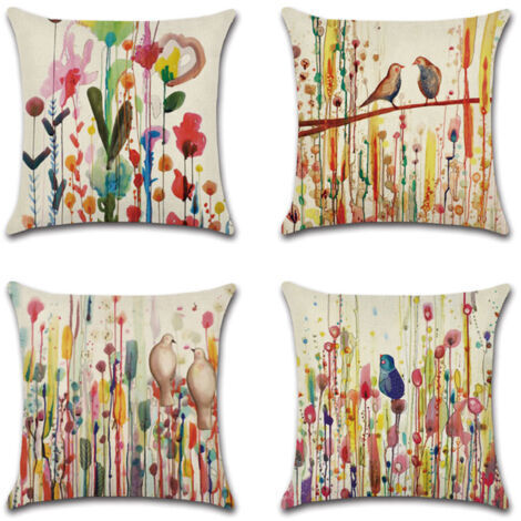 Cushion covers 45 x 45 cm – Set of 4 in linen – Flower and bird decorations – Machine washable – For sofa, bed, car (1/5)